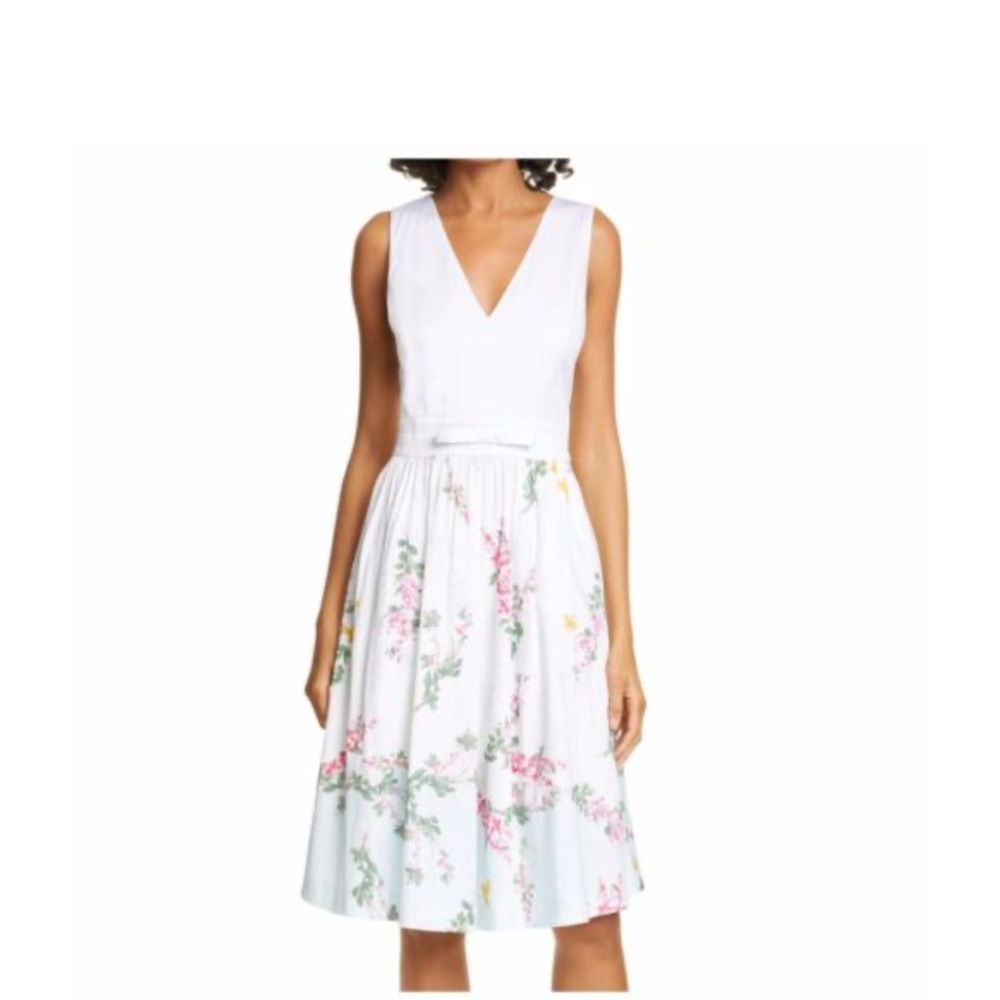 Ted Baker Floral White Sleeveless Fit and Flare Dress, Size 3 (US 8)